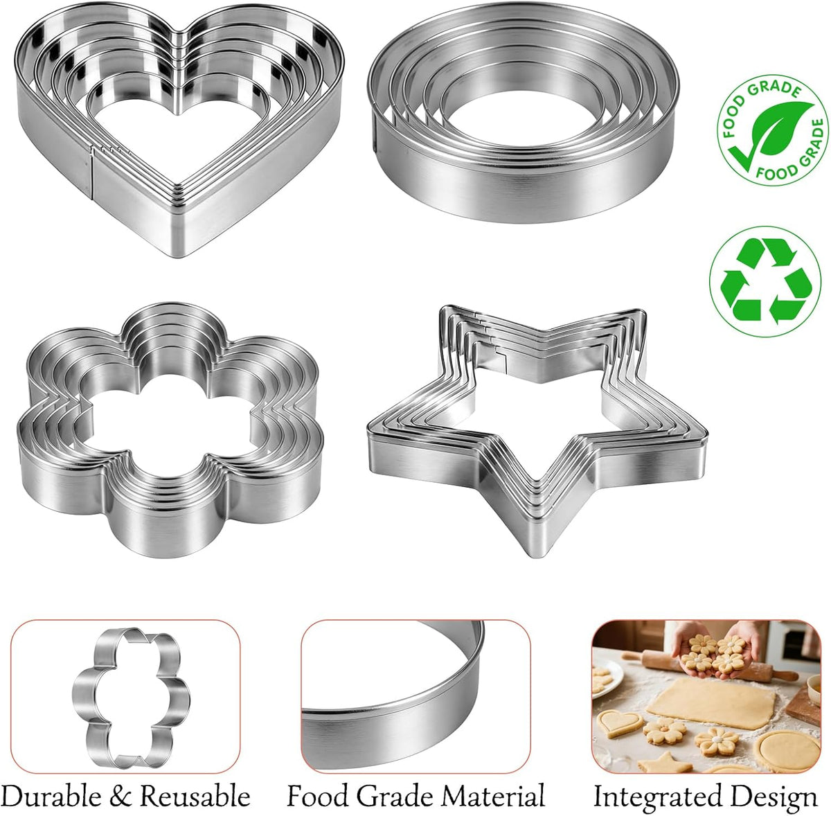 Ninsula Cookie Cutters 20P, Stainless Steel Cookie Cutters Variety Pack, Heart, Flower, Round, Star Shapes Clay Molds for Baking, Art Crafting or Party Decorations