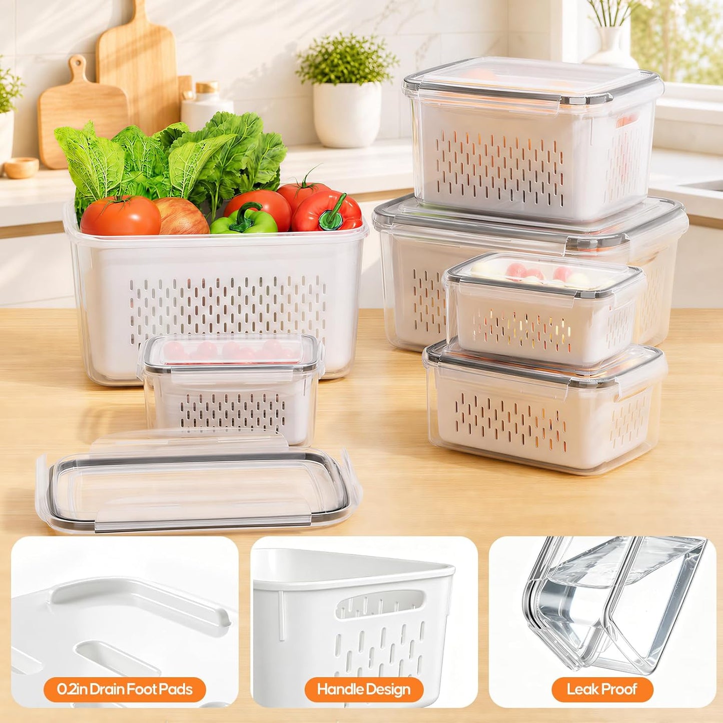 Fruit Storage Containers for Fridge - 6 Pack Produce Storage Containers with Removable Colander, Leakproof Refrigerator Fruit Organizers Keep Berry Veggie Salad Meat Fresh Longer, Largest 6.55 Quart