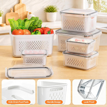 Fruit Storage Containers for Fridge - 6 Pack Produce Storage Containers with Removable Colander, Leakproof Refrigerator Fruit Organizers Keep Berry Veggie Salad Meat Fresh Longer, Largest 6.55 Quart