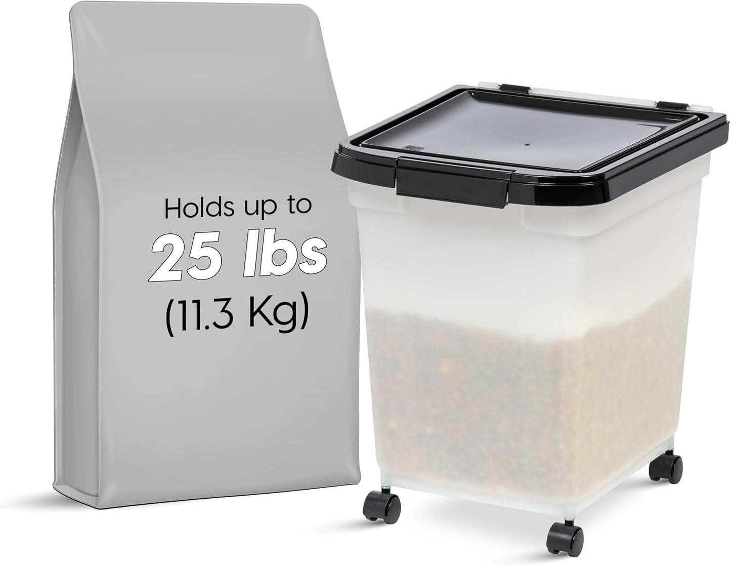 IRIS USA Airtight Dog Food Storage Container, WeatherPro, Up to 25 lbs, Removable Wheels, for Dog Cat Bird and Other Pet Food Storage Bin, Keep Fresh, Translucent Body, Made in USA, Clear/Black