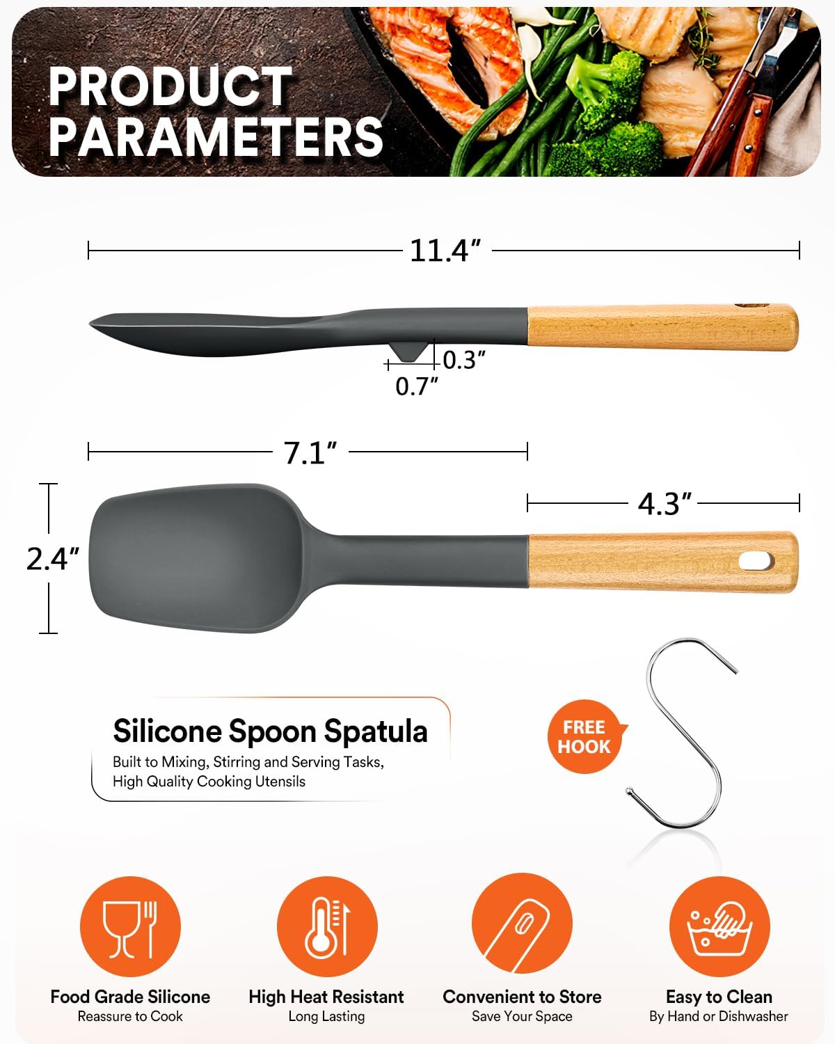 Badiano Silicone Spoon Spatula, Nonstick Rubber Spatula, Grey