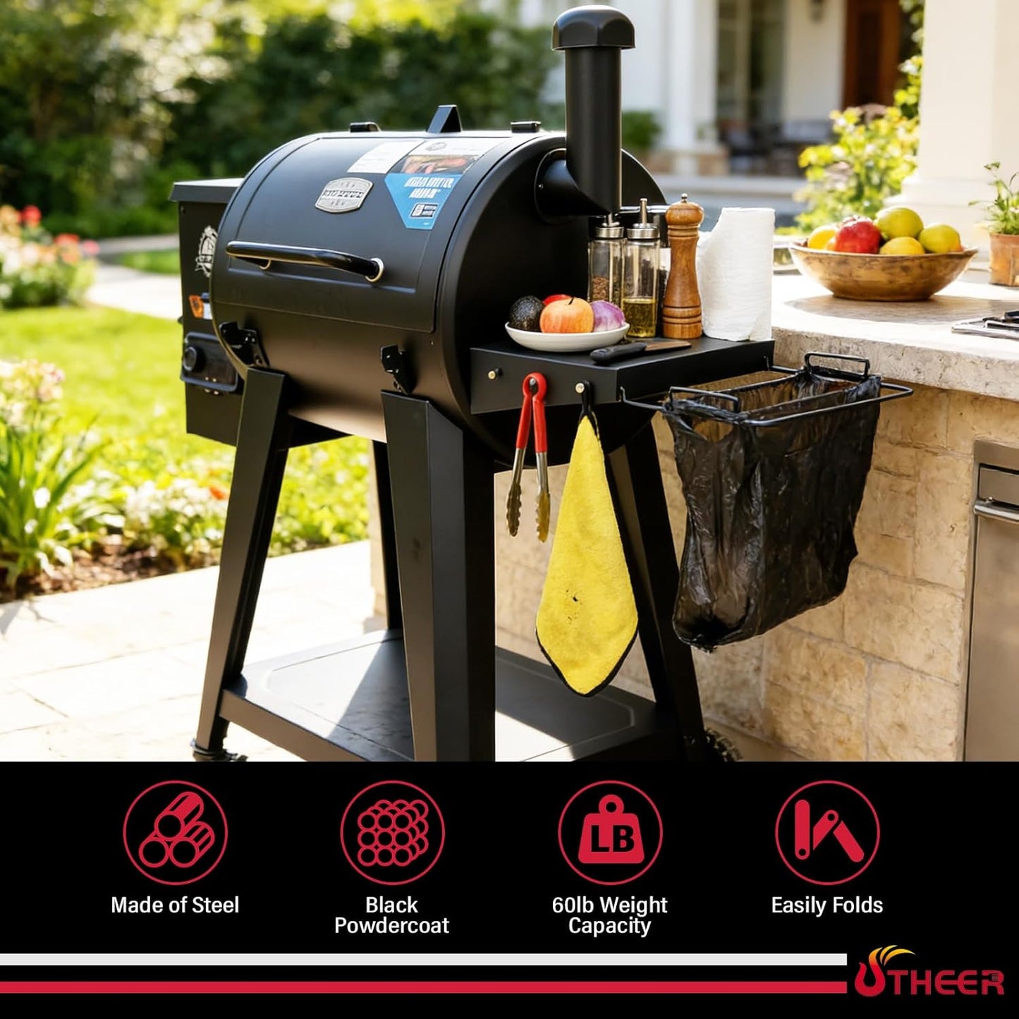 Upgraded Grill Table for Weber Kettle 22"/18"/26", Master Touch 22", Smokey Mountain, Recteq Pellet Grill RT-B380, Prep Station with Cutting Board, Basin, 4 Hooks, Shelf for Weber Kettle Accessories