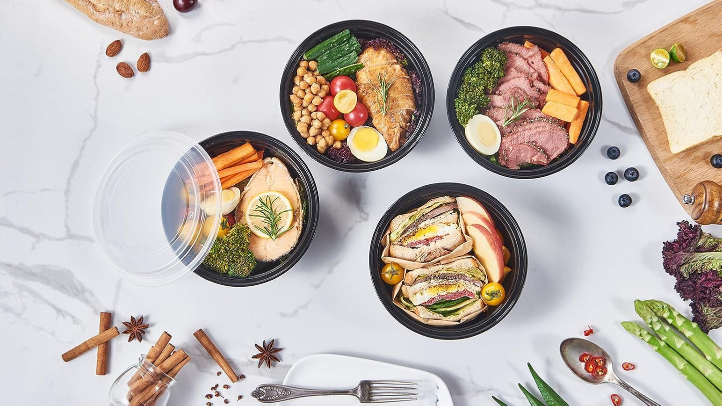 FULING 32 oz 50 ct Round Meal Prep Containers with Lids Plastic Food Storage Lunch Plan To Go Box Disposable Take Out Bowls Black BPA Free Reusable Durable Stackable Microwave Freezer Dishwasher Safe