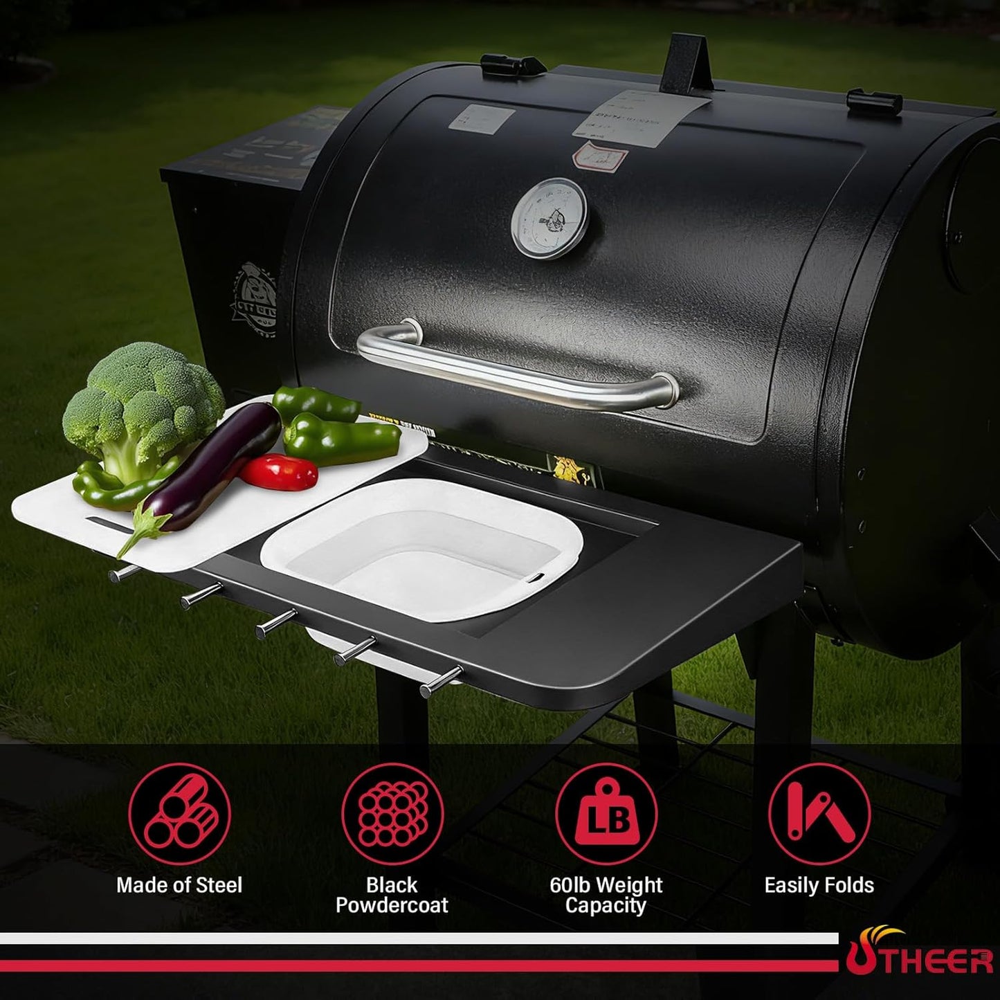 Upgraded Grill Table for Weber Kettle 22"/18"/26", Master Touch 22", Smokey Mountain, Recteq Pellet Grill RT-B380, Prep Station with Cutting Board, Basin, 4 Hooks, Shelf for Weber Kettle Accessories