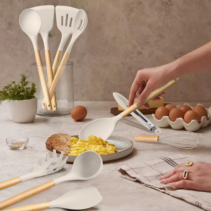 HaWare Silicone Cooking Utensils Set, 10-Piece Chef Kitchen Non-Stick Cookware with Wooden Handle, 450°F Heat Resistant - Khaki