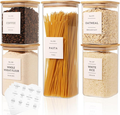 2 Pack large Square Glass Flour and Sugar Containers with 132 Kitchen Pantry Labels - 149 floz & 71 floz - Glass Jars with Airtight Bamboo Lid - Glass Rice Canisters for Coffee, Pasta, Cookie, Cereal