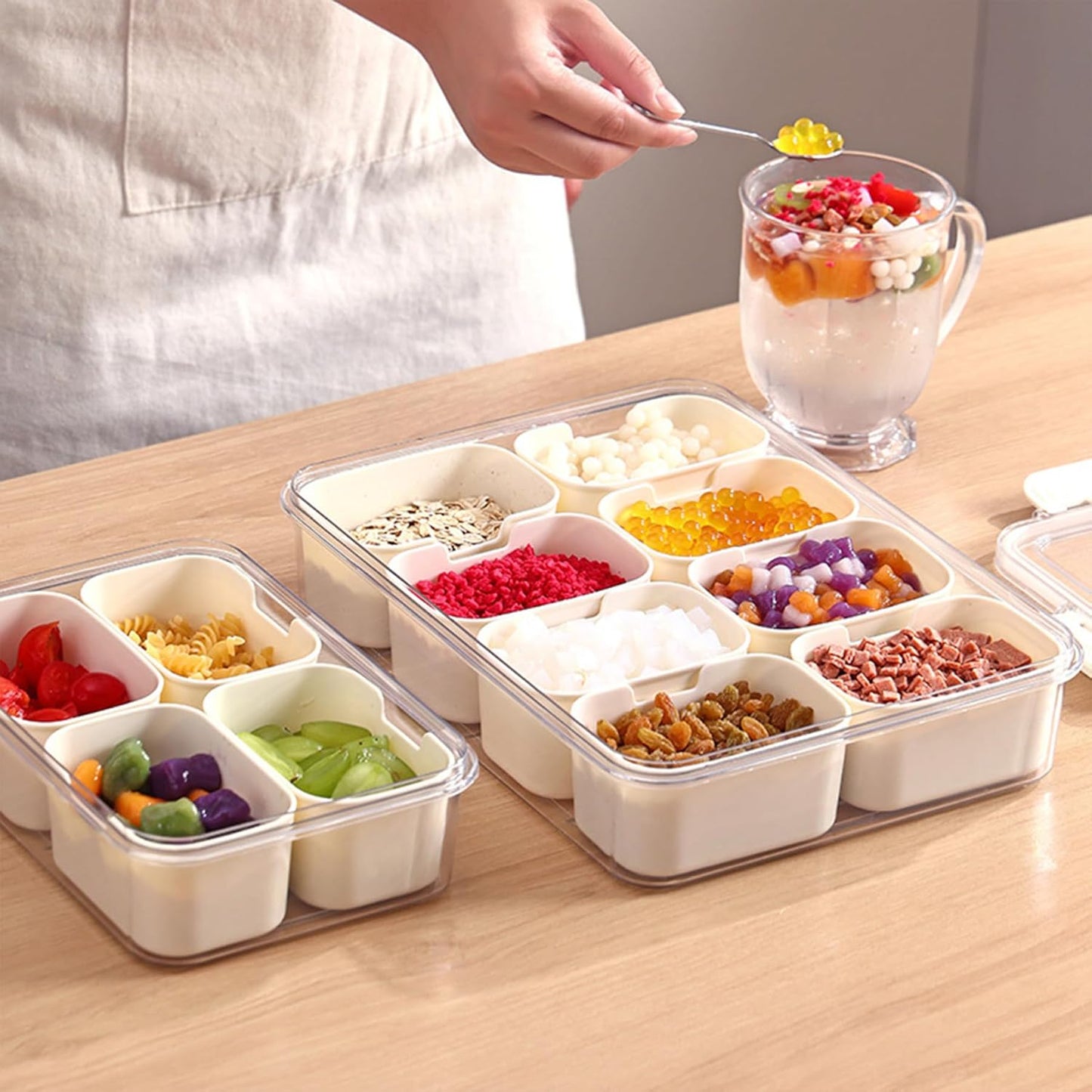 Plastic Divided Serving Tray with Lid and Handle Snack Box Charcuterie Container Portable Snack Platters Organizer for Candy, Fruits, Snacks, Nuts, for Party, Entertaining (White 8 compartments)
