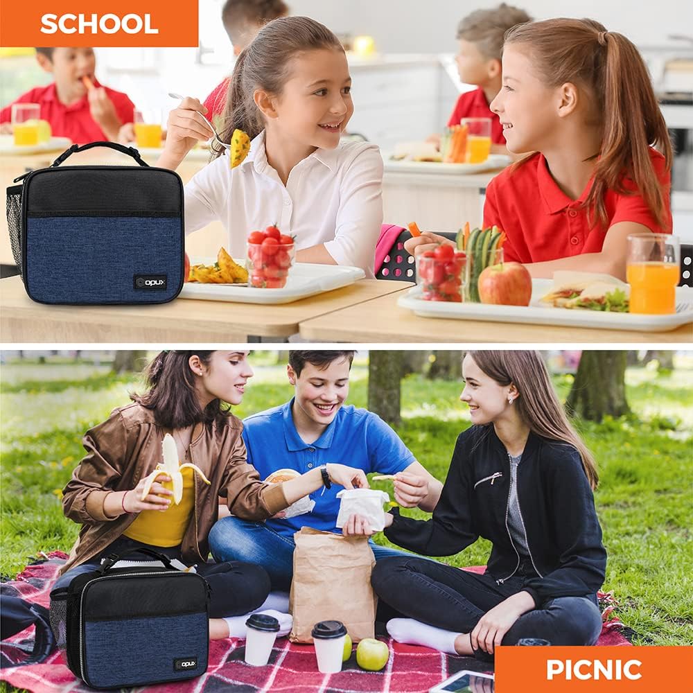 opux Insulated Lunch Bag Kids, Lunch Box for School Boy Girl, Leakproof Small Reusable Compact Soft Mini Cooler Bag, Toddler Small Lunch Boxes Kit Pail with Front Side Pockets (Purple)