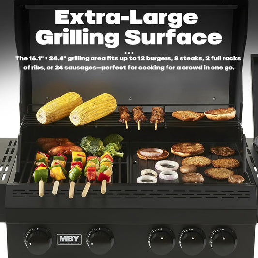 4 + 1 Burner Gas Grill Cast Iron Griddle Grill Combo, BBQ Propane Grills with Side Burner 50000BTU Heavy Duty Barbucue Grill With Cover, Black