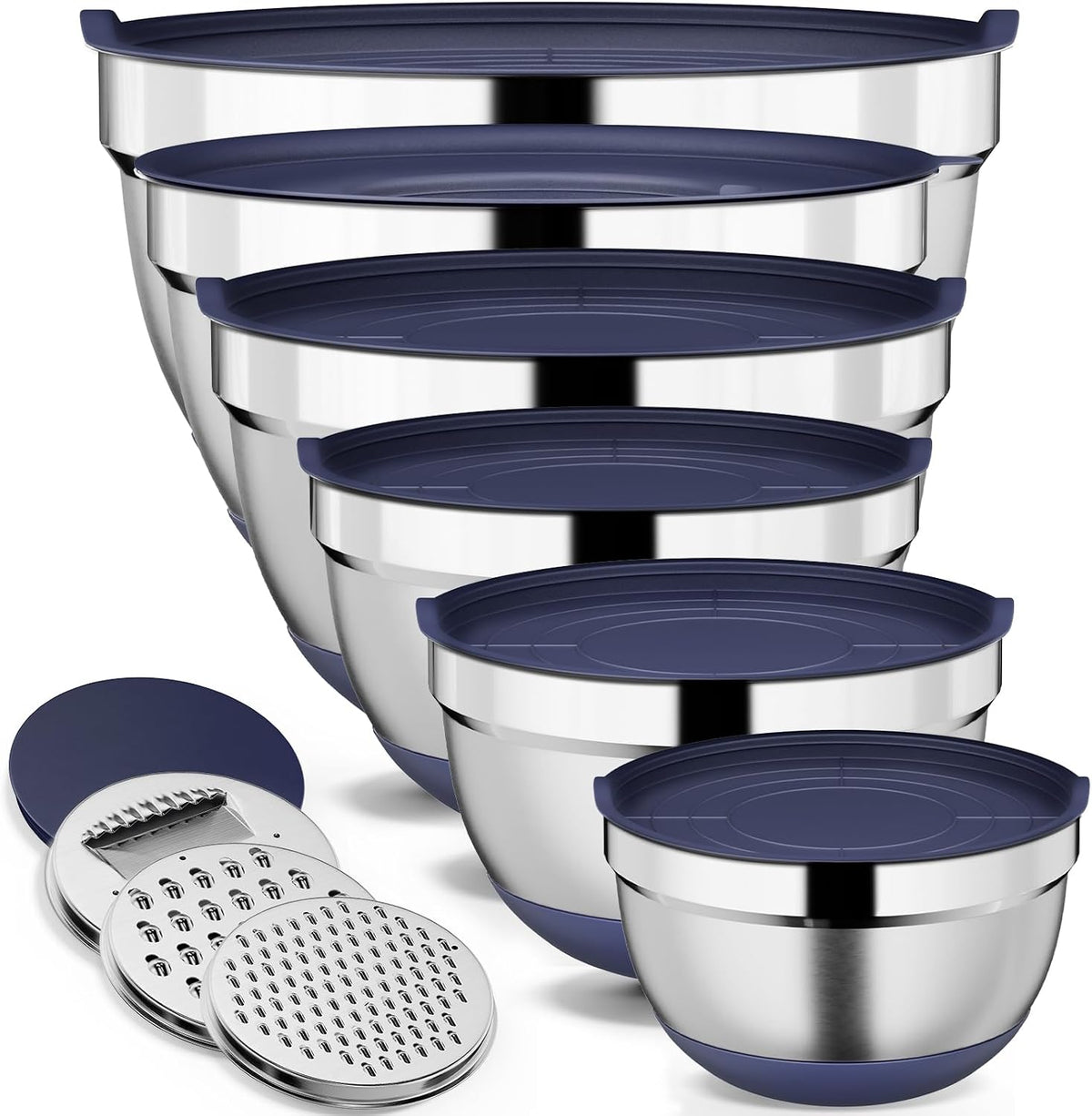 9 Pack Mixing Bowls with Airtight Lids & Grater Attachments, Khaki