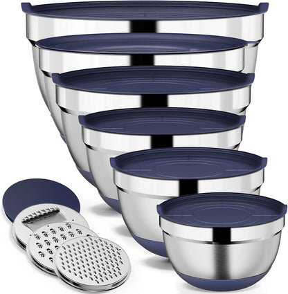 9 Pack Mixing Bowls with Airtight Lids & Grater Attachments, Khaki