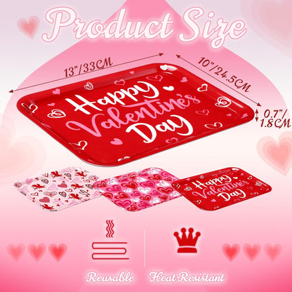 Rtteri 3 Pcs 13 x 10 Inch Valentine's Day Serving Trays Large Plastic Valentine Platters Reusable Serving Dishes Rectangle Pink Heart Candy Snack Food Tray for Valentines Day Wedding Party Table Decor