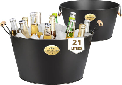 5.5 Gallon Large Beverage Tubs for Parties, 21L Galvanized Ice Bucket with Wooden Handles for Beer, Wine, Cocktails & Outdoor Events -Black