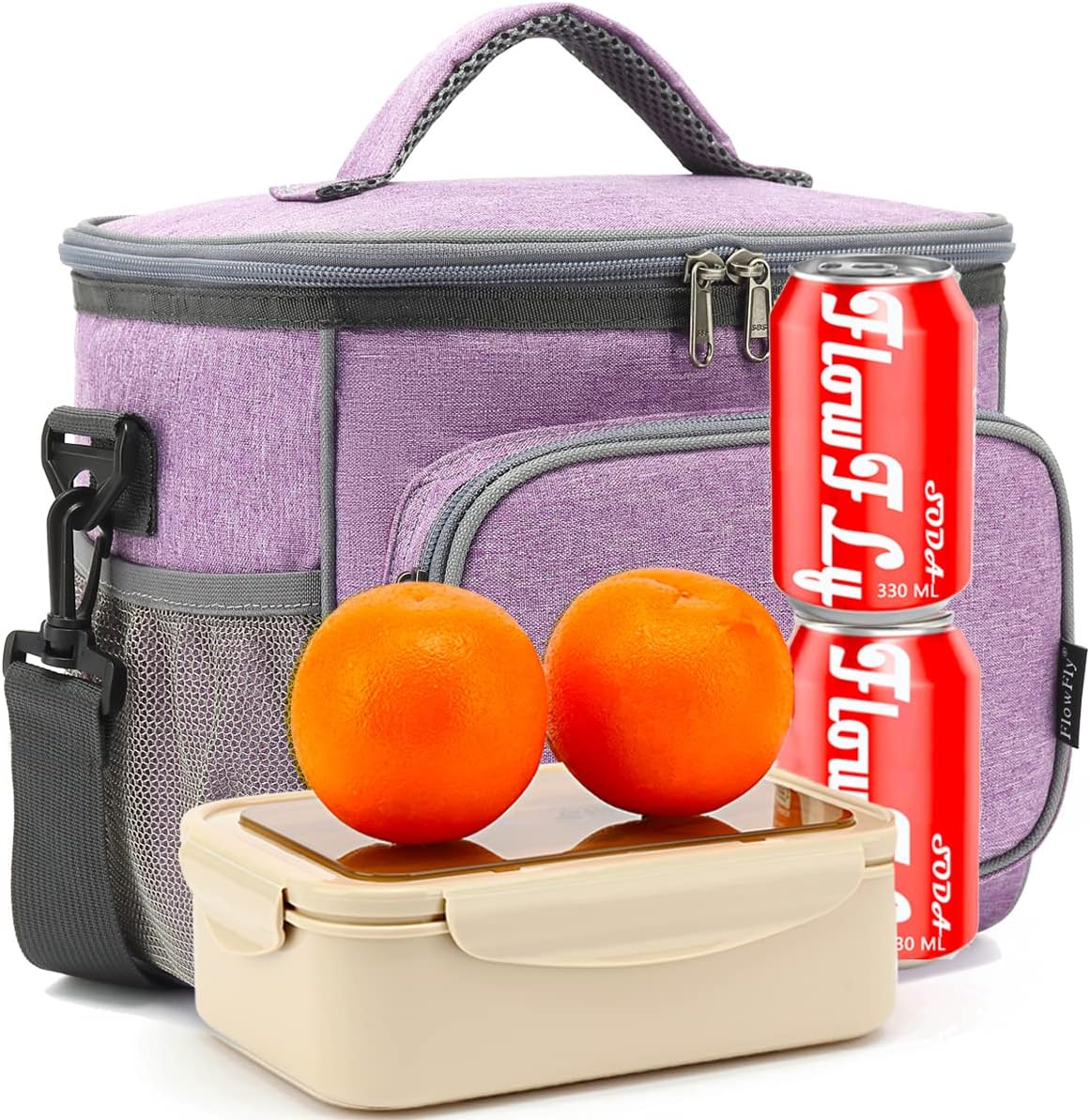 FlowFly Insulated Reusable Lunch Bag Adult Large Lunch Box for Women and Men with Adjustable Shoulder Strap,Front Zipper Pocket and Dual Large Mesh Side Pockets,Cherry - Colors B