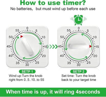60 Minute Mechanical Kitchen Timer - Visual Wind Up Timer Clock with Loud Alarm - No Batteries Required-Magnetic Backing, Timer for Classroom, Home, Study and Cooking (White)