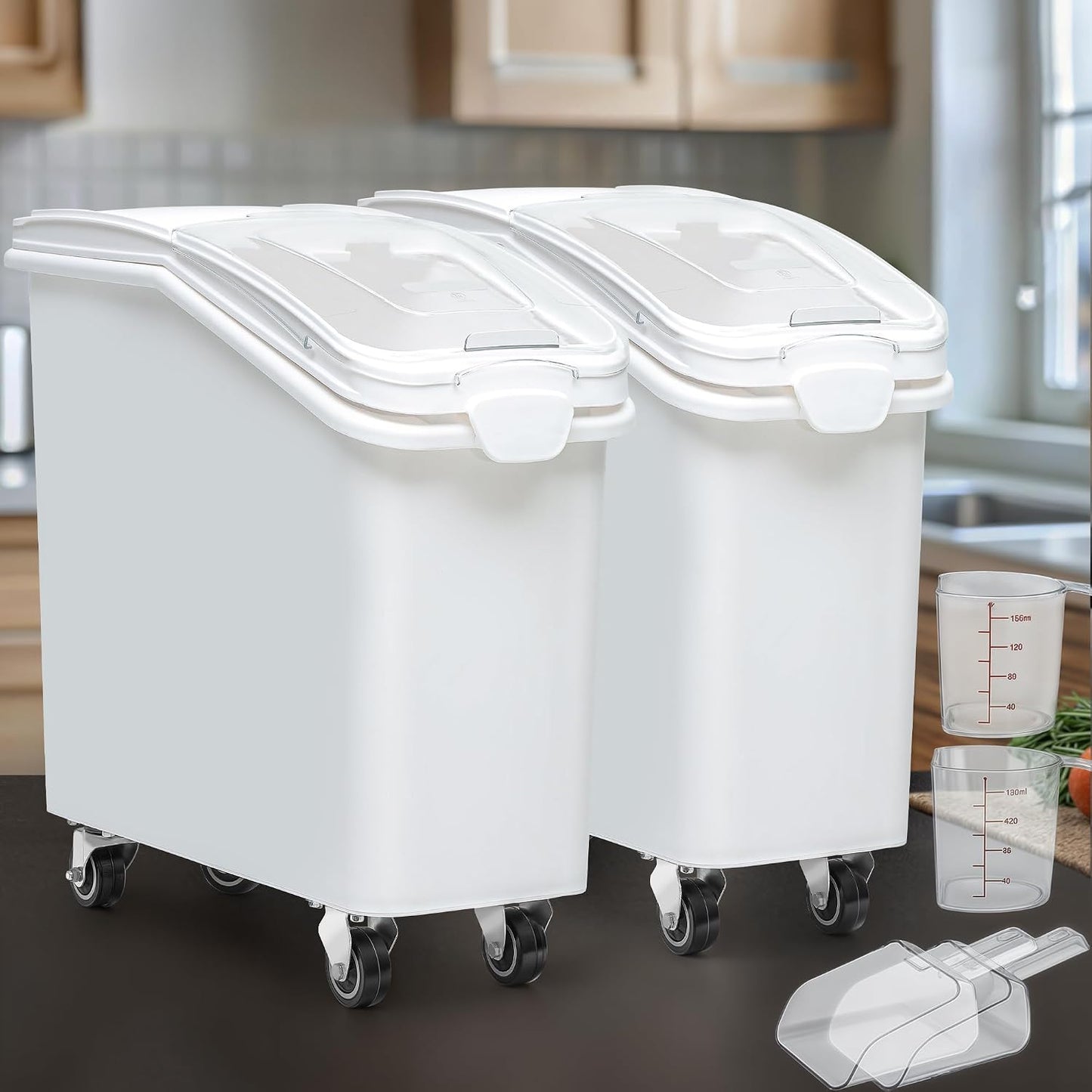 YITAHOME 50L/90lb Large Ingredient Flour Storage Bin, Commercial 11.4-Gallon Rice Storage Container 280 Cups Bulk Flour storage Bins with Wheels,Scoop,Lid and scale, Rice Bin for Kitchen, White