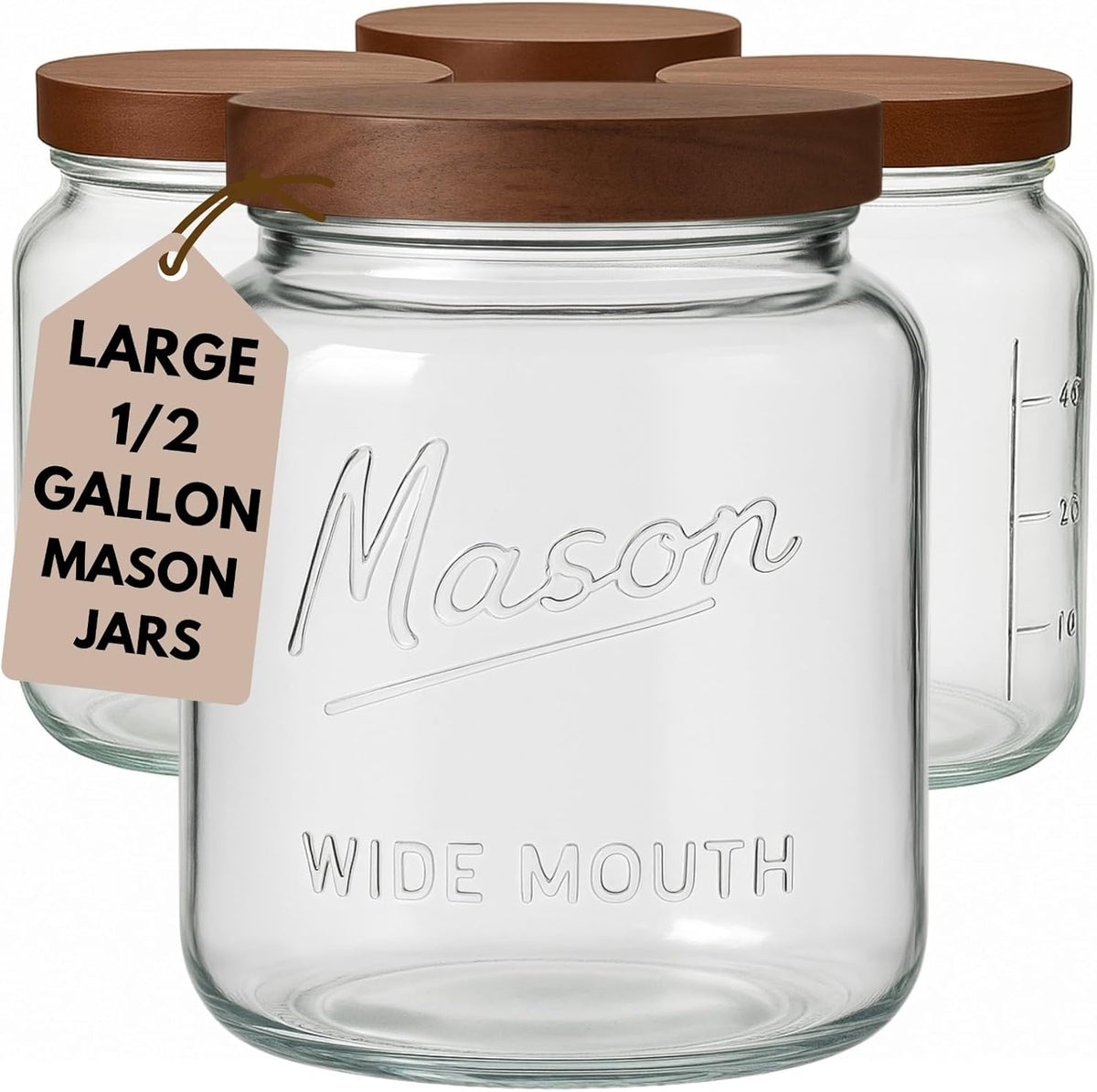 kitchentoolz Extra Large Mason Jar - 1 Gallon Glass Wide Mouth Jar with Airtight Wooden Lid, Food Storage Container with Measurement Markings For Kitchen Pantry, Pickling, Cookies, Flour & Sugar