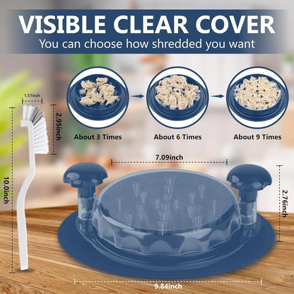 Chicken Shredder Tool Twist Large 9.8” with Visible Lid & Cleaning Brush | Meat Shredder Twist for Thin Chicken Breast | Dishwasher Safe Chicken Shredder Tool Twister & Food Shredder (Blue)