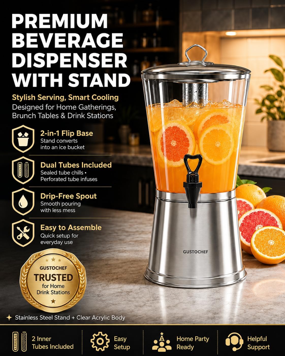 Beverage Dispenser with Stand, 3 Gallon Drink Dispenser for Parties,Events,Buffet &Self-Serve,Dual Ice Tube Core Fruit Infuser,Leakproof Spigot,Clear PC Container, Stainless Steel Lid&Base