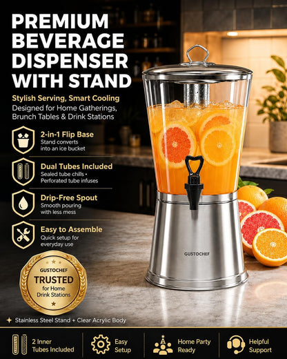 Beverage Dispenser with Stand, 3 Gallon Drink Dispenser for Parties,Events,Buffet &Self-Serve,Dual Ice Tube Core Fruit Infuser,Leakproof Spigot,Clear PC Container, Stainless Steel Lid&Base
