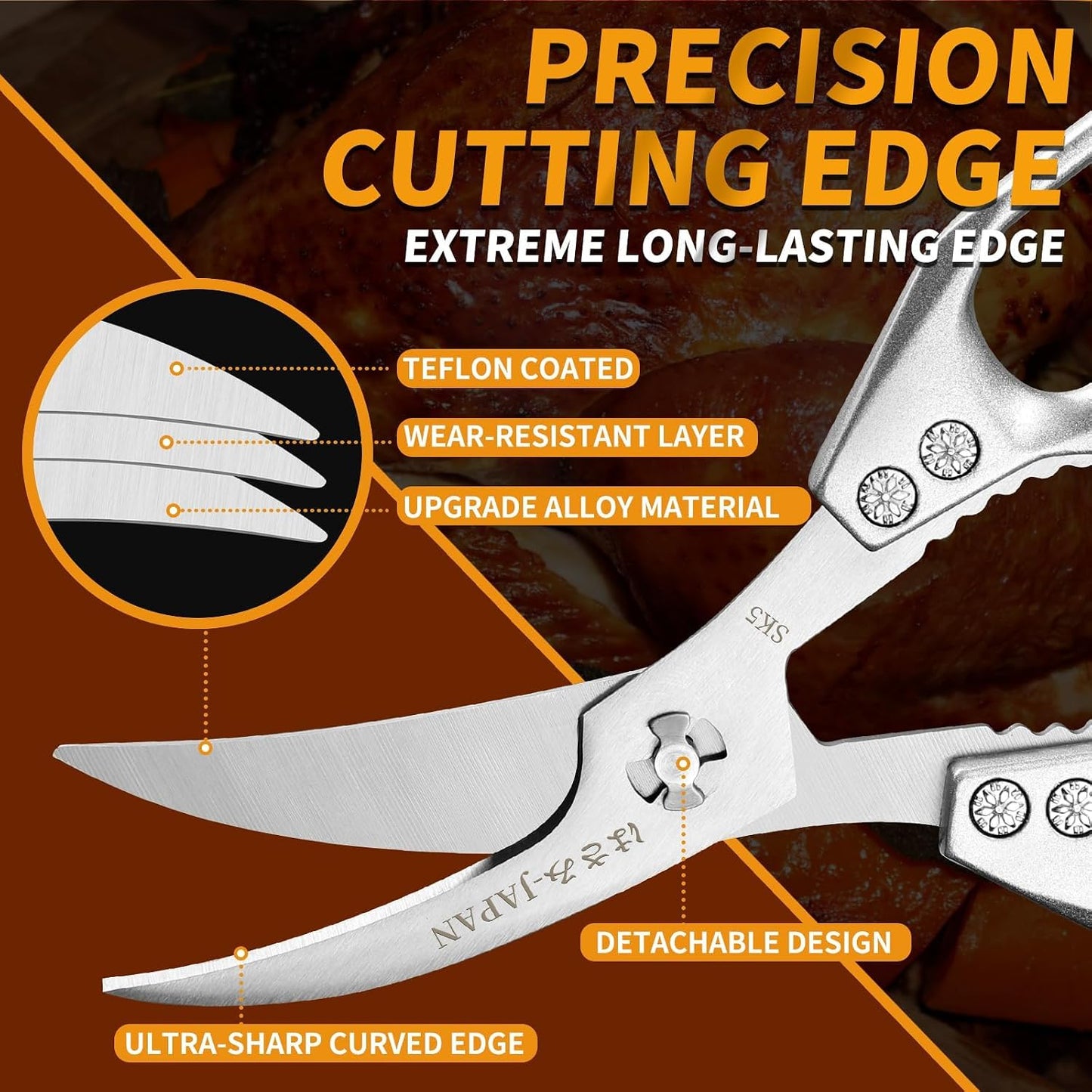 HUUSK Kitchen Scissors All Purpose - Stainless Steel Kitchen Shear, Sharp Silver Meat Scissors Dishwasher Safe, Heavy Duty Poultry Shears, Japanese Cooking Scissor for Food, Christmas Gifts for Women