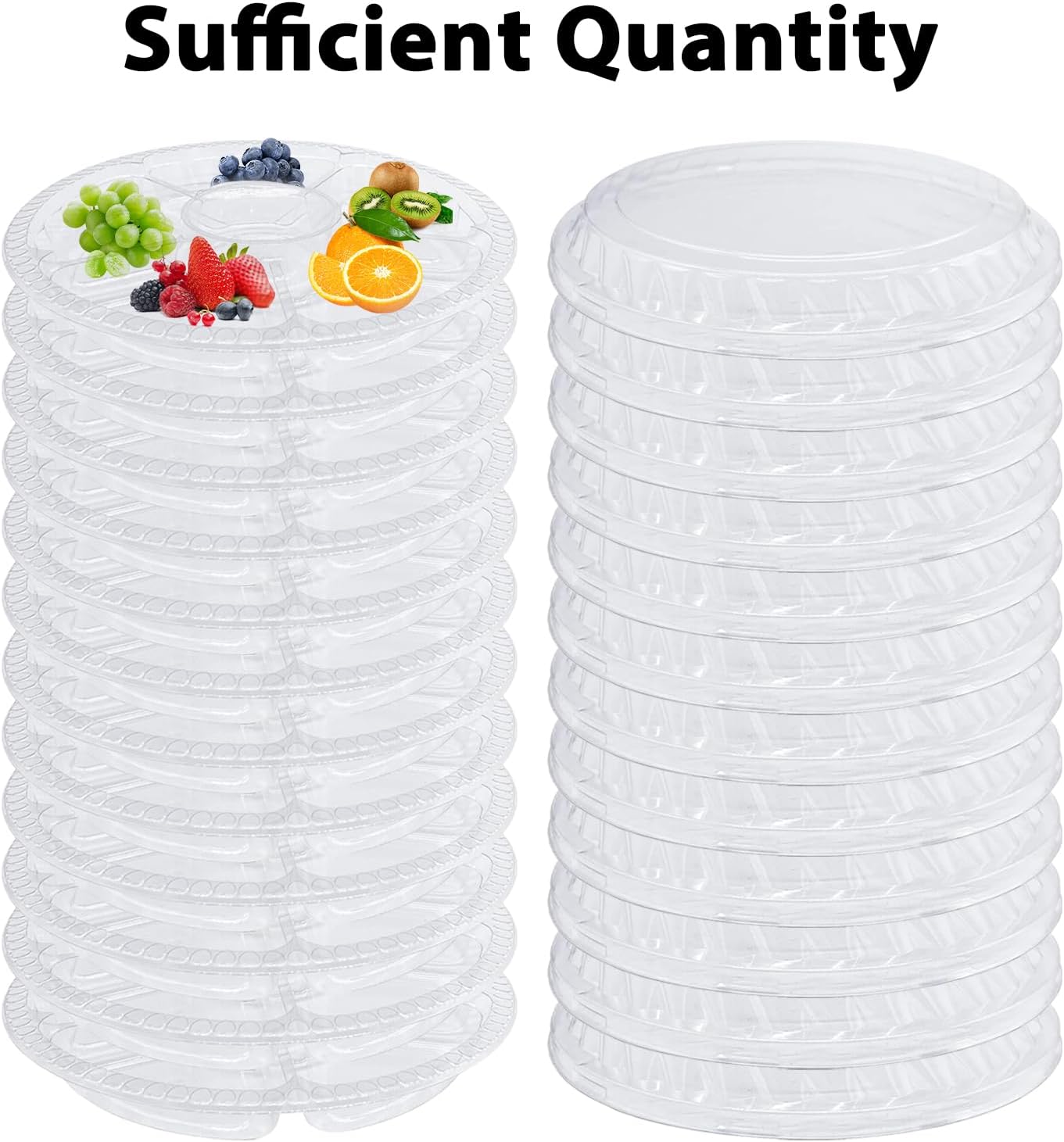 12 Pcs Round Plastic Serving Tray, Clear Round Plastic Veggie Tray with Lid, 12.4x1.97 Inch Disposable Food Storage Containers 6 Divided Compartment Container for Fruit Nut Snack