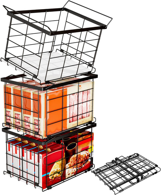 Freezer Organizer Bins, Upgrade Quick Expand/Collapse Feature, for 3.5 Cu.Ft Deep Freezer, 3 Pack Stackable Deep Freezer Organizer Bins, Black Wire Foldable Baskets with Handles (Black 3 Pack)