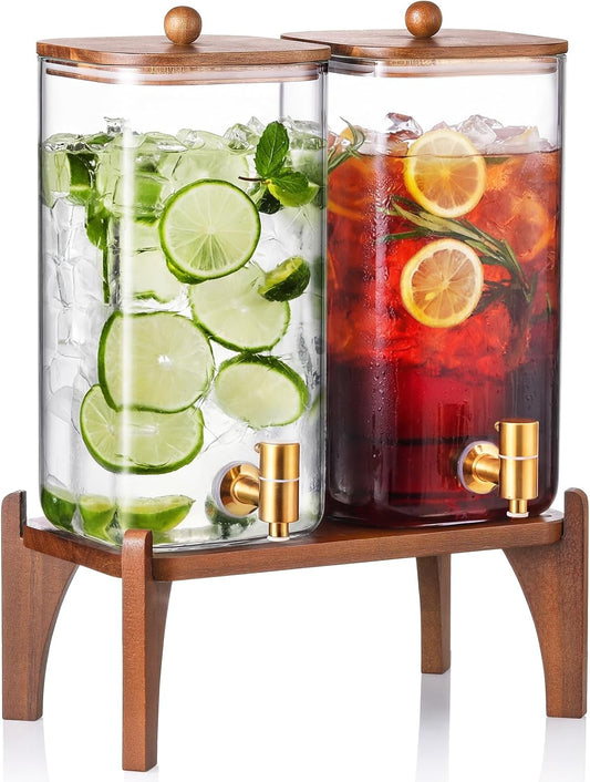 2 Pack 1.5 Gallon Square Glass Drink Dispenser with Wooden Stand & Lid, Large Beverage Dispenser with Stainless Steel Spigot, Juice & Lemonade Dispenser for Parties, Iced Tea, Water, Space-Saving