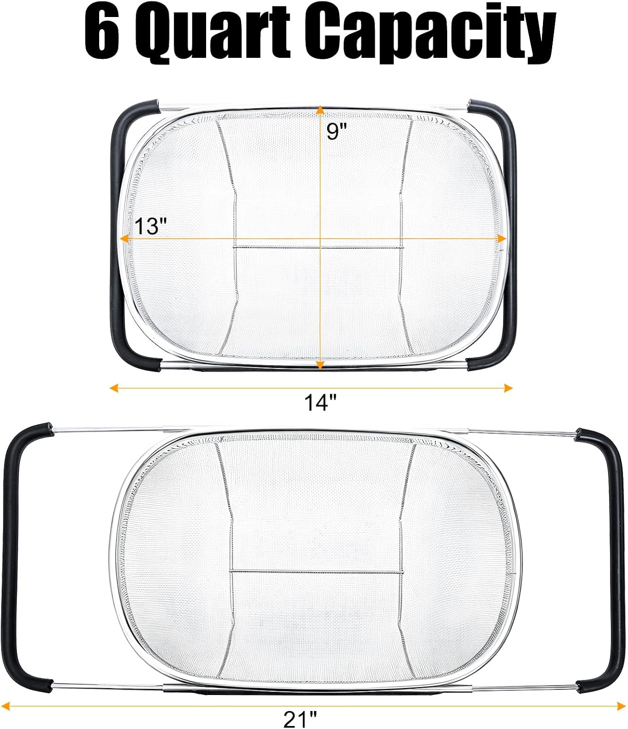2 Pack Over the Sink Oval Colander for Kitchen, Stainless Steel Fine Mesh 6 Quart Strainer Basket with Expandable Rubber Grip Handles for Straining, Draining, Rinsing Fruits, Vegetables