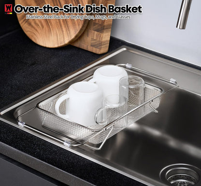 WAGENSTEIGER Extendable Dish Rack with Feet, Vegetable Colander Basket, Stainless Steel Dish or Silverware Drying Rack, Ultimate Kitchen Organizer Over the Sink (11.81 x 8.27 x 2.76 Inches)