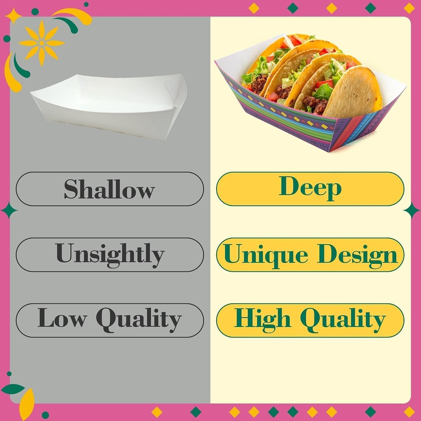 Mexican Taco Nights Food Trays - 50Pcs Taco Boat Assembled Trays Nacho Snack Fried chicken Holder Disposable Paper Plates Carnival Party Supplies Harvest Picnic Food Containers (Large)