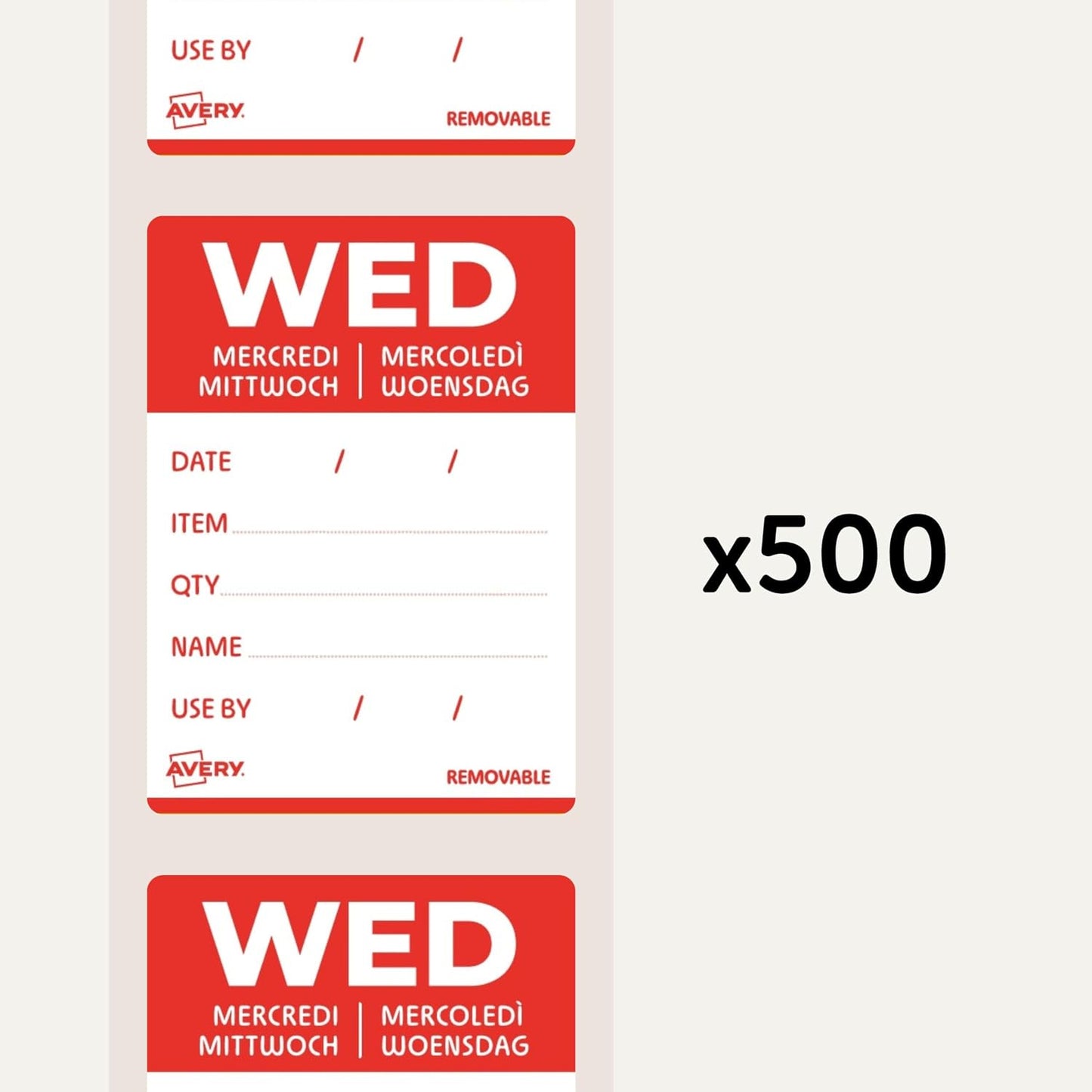 Avery Removable, Hand Writable, Detailed Food Day Labels, Strong Adhesive, 40 x 56 mm, Sunday, Black, 500 Labels, Preprinted Design (DLDSUNREV-500)