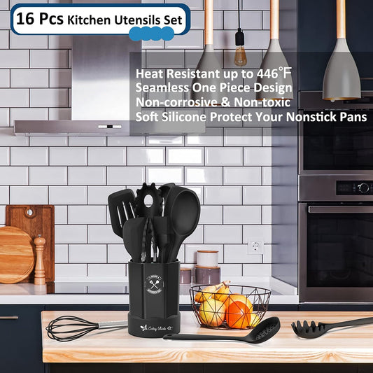 Silicone Kitchen Utensils Set, 16-Piece Silicone Cooking Utensils by Deedro, Heat Resistant Kitchen Tools Set with Holder, Nonstick Spatula Kitchen Gadgets for Cooking & Baking, Colorful
