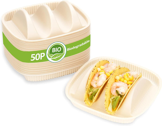 50-Pack Disposable Taco Plates for 2 Tacos & 2 Sides - For Most 4-6 IN Small Hard Shells - Biodegradable Cornstarch Holder Plates - Microwave Safe - Ideal for Fiesta, Bar, Party