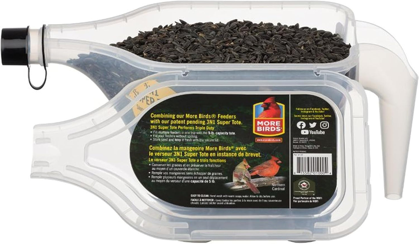 More Birds 3-in-1 Super Tote - 5 lb Capacity Container with Tapered Pour Spout, Easy Grip Handle & Stackable Design, Portable Seed Holder & Dispenser for Backyard Birding and Wildlife, 100-SF-TOTE