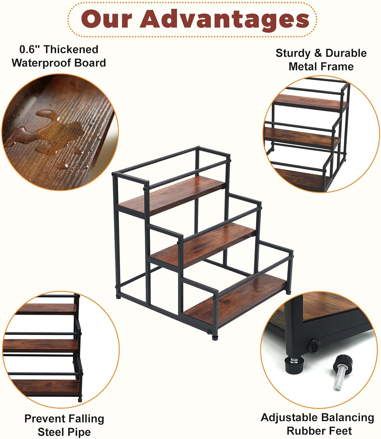 Countertop Liquor Bottle Organizer Shelf, 3-Tier | Rustic Display Rack, For Wine & Coffee Syrups, Freestanding Bar and Kitchen Storage, Easy-Carry Handles