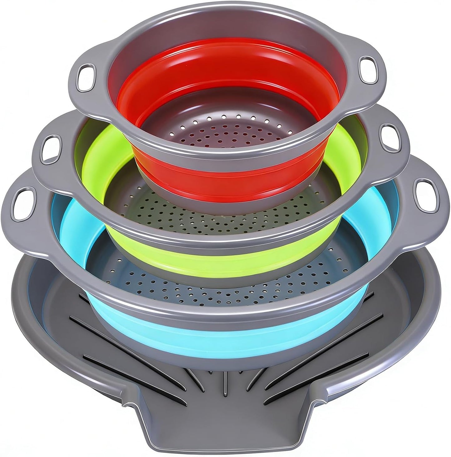 Collapsible Colander Set with Oversized Draining Tray | 3-Pack Foldable Kitchen Strainers + Base | Space Saving for Pasta, Veggies, Fruit & Rice | 5 Colors (Gray-White)