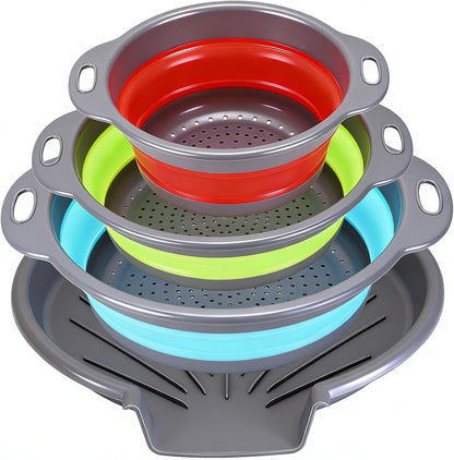Collapsible Colander Set with Oversized Draining Tray | 3-Pack Foldable Kitchen Strainers + Base | Space Saving for Pasta, Veggies, Fruit & Rice | 5 Colors (Gray-White)