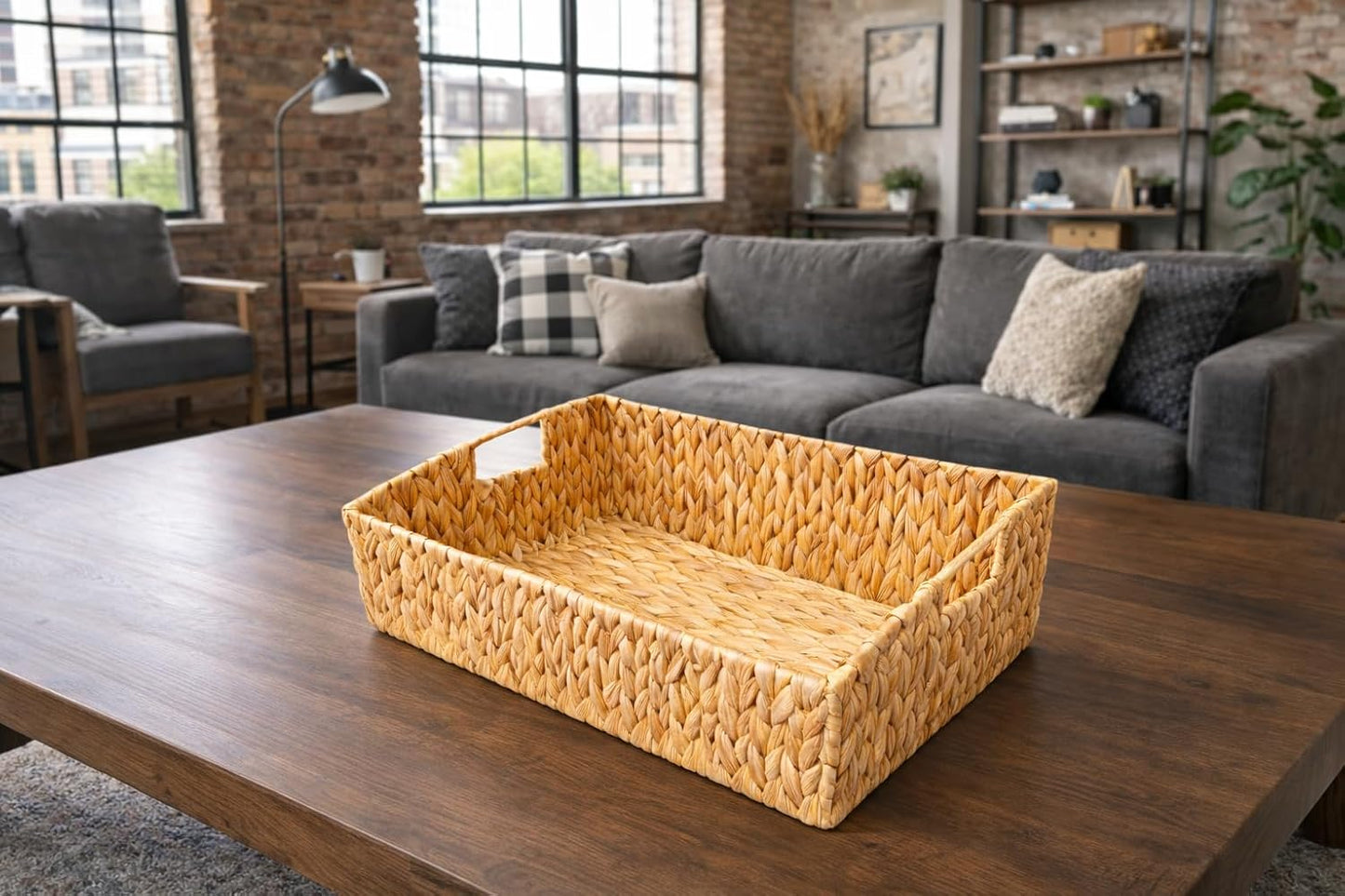 Handwoven Water Hyacinth Storage Basket with Cutout Handles – Natural Rectangular Woven Organizer for Shelves, Closets, Living Room & Home Decor