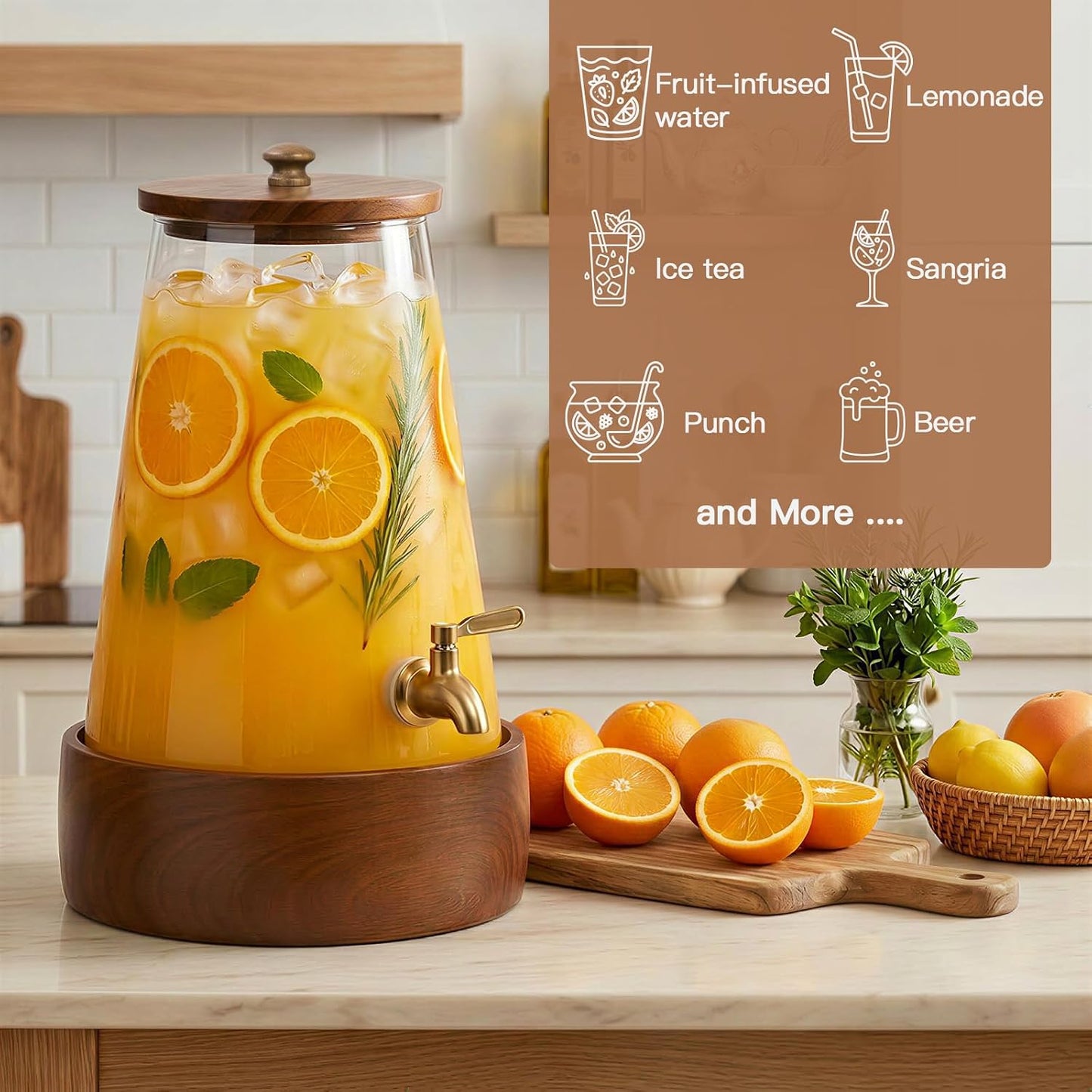 JOVGANK 1.7 Gallon (6.4L) Glass Drink Dispenser with Spigot & Wooden Base - Large Rustic Beverage Dispenser for Parties, Iced Tea, Lemonade, Sangria - Leakproof Drink Pitcher with Base and Lid