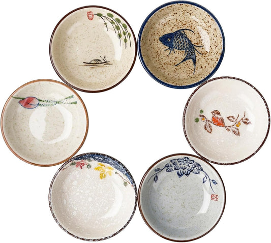 Japanese Soy Sauce Dish Set of 6, 2.7 OZ Ceramic Dipping Bowls