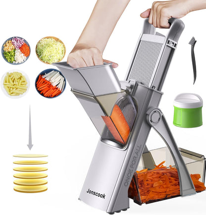Jonscook All-in-1 Update Safe Mandoline Slicer for Kitchen, Food Chopper with Container, Thickness Adjustable Vegetable Chopper, Potato French Fry Cutter Tomato Apple Slicer Onion (BlackKnight)
