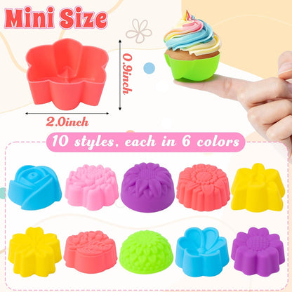 R HORSE Mini Silicone Cupcake Liners Molds - 60Pcs 2 Inch Muticolor Floral Shaped Baking Cups, Reusable Non-Stick Cupcake Wrappers Muffin Baking Liners for Oven Microwave Dishwasher Safe