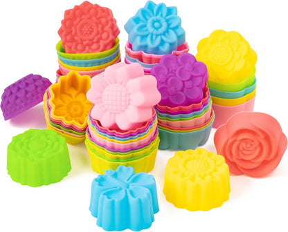 R HORSE Mini Silicone Cupcake Liners Molds - 60Pcs 2 Inch Muticolor Floral Shaped Baking Cups, Reusable Non-Stick Cupcake Wrappers Muffin Baking Liners for Oven Microwave Dishwasher Safe