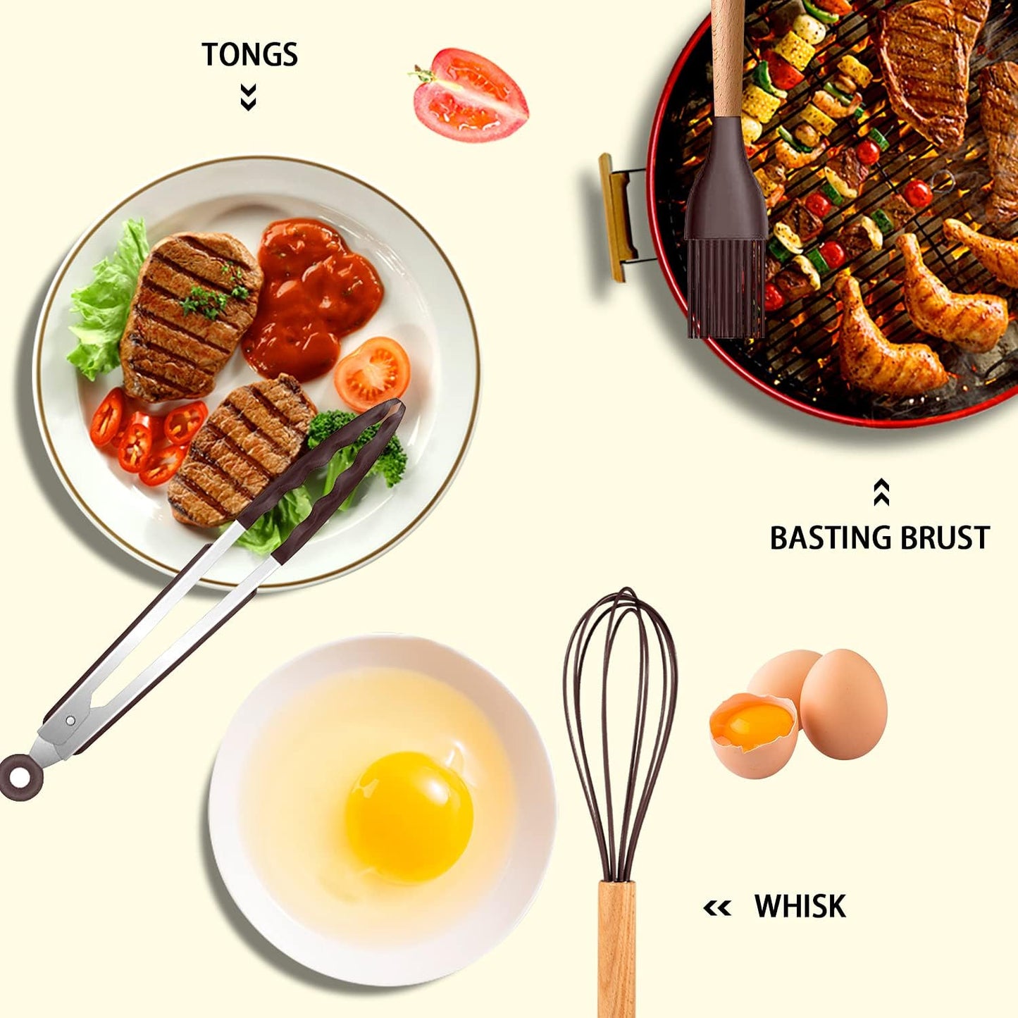 MIBOTE 17 Pcs Silicone Cooking Kitchen Utensils Set with Holder, Wooden Handles Silicone Turner Tongs Spatula Spoon Kitchen Gadgets Utensil Set for Nonstick Cookware (Grey)