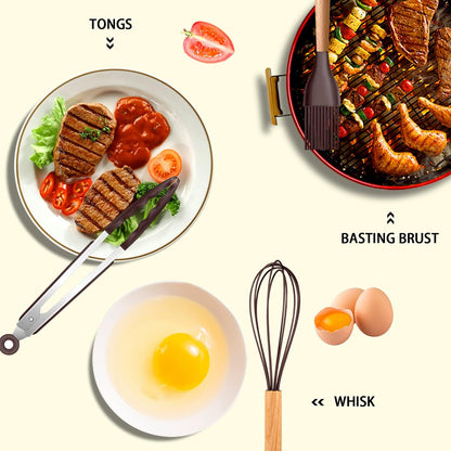 MIBOTE 17 Pcs Silicone Cooking Kitchen Utensils Set with Holder, Wooden Handles Silicone Turner Tongs Spatula Spoon Kitchen Gadgets Utensil Set for Nonstick Cookware (Grey)
