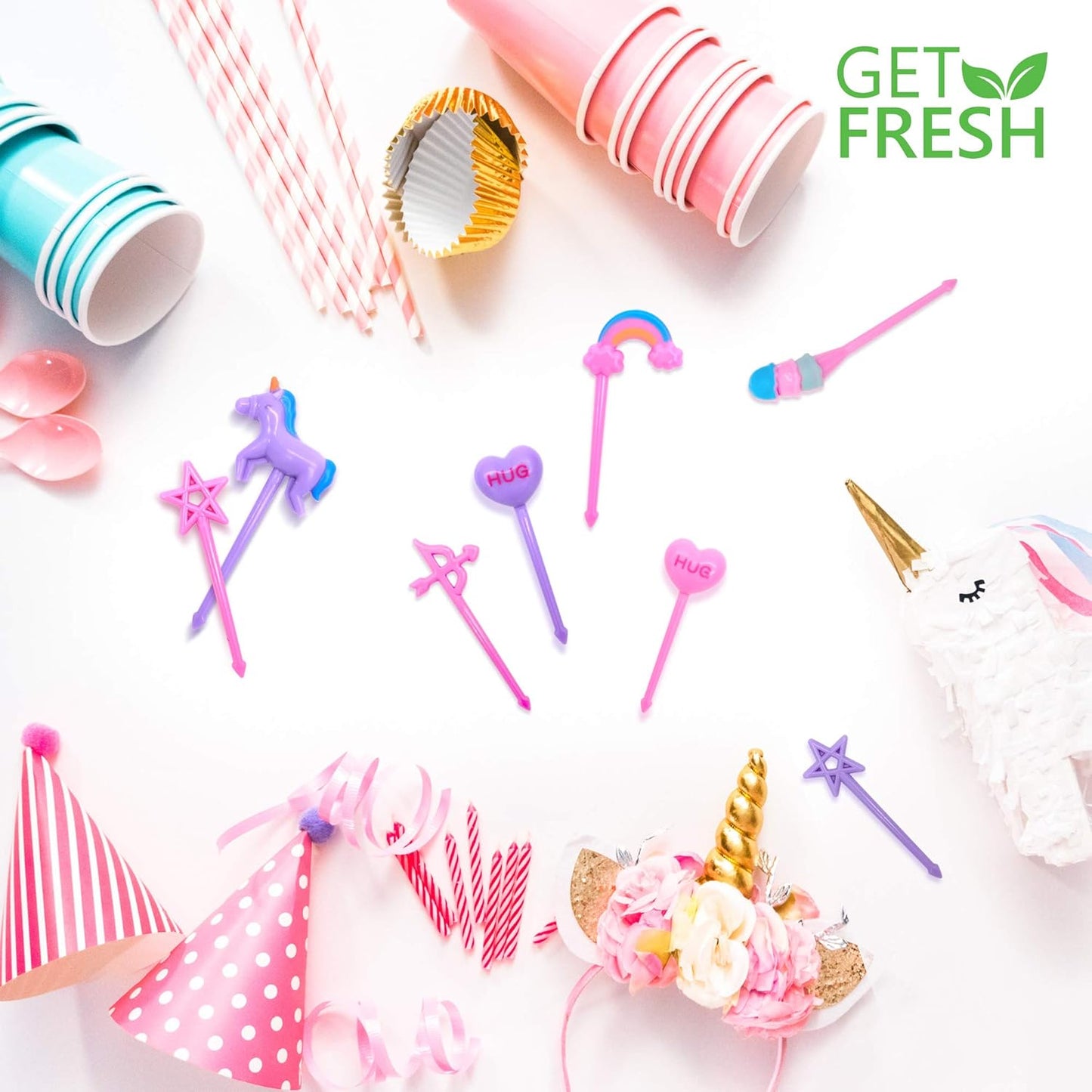 GET FRESH Unicorn Bento Food Picks for Kids 24 pc Set Cute Decorative Plastic Animal Toothpicks for Toddlers Lunch Decoration Reusable Bento Box Set