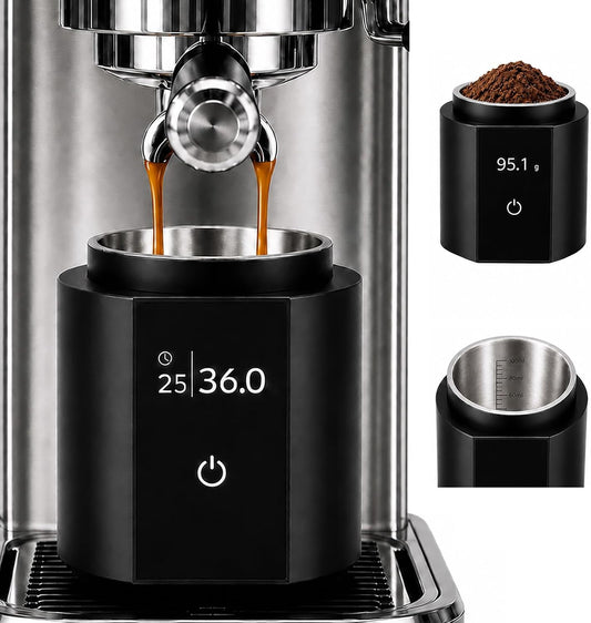 Espresso Scale with Auto Timer, 3‑in‑1 SUS304 Coffee Dosing Cup, 0.1g Precision 300g, USB‑C Rechargeable OLED Display, Portable Shot Scale for Coffee Beans & Ground Powder, Black