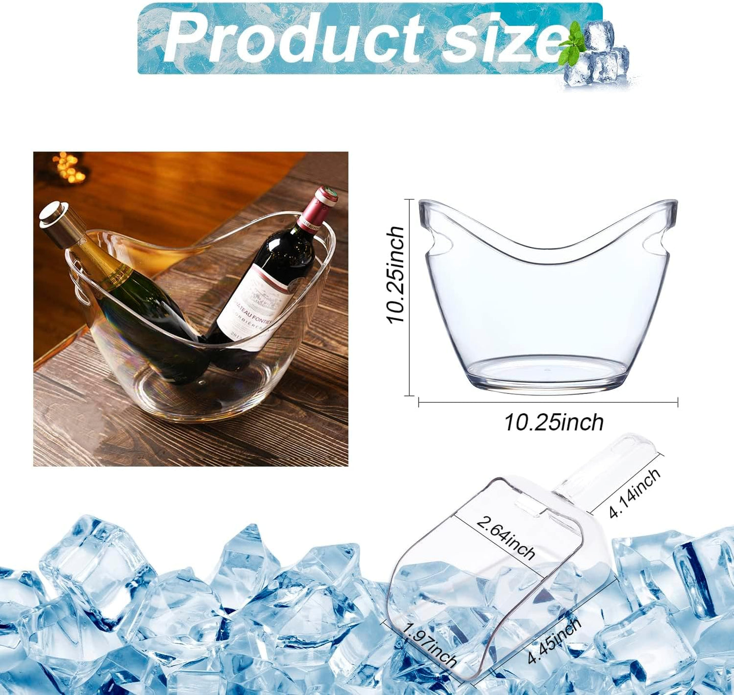 Mwellewm Beverage Tubs for Parties Plastic Ice Bucket for Cocktail Bar Clear Acrylic Wine Bucket with Scoops Drink Bucket Cooler for Chiller Bin for Champagne or Beer (8 L, 4 L)