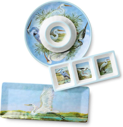Coastal Birds Melamine 3-Pc. HOSTESS SERVING SET – Chip & Dip, 3-Section Relish Tray, Rectangular Platter – Shatterproof BPA-Free Outdoor Serving for Beach House Entertaining, Appetizers & Seafood